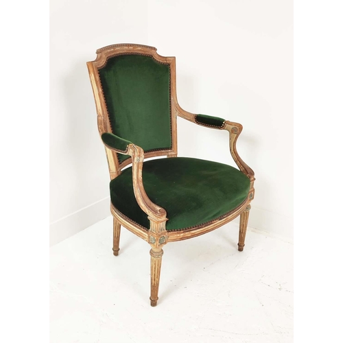 412 - FAUTEUIL, late 19th/early 20th century Louis XVI style in green velvet with a distressed show frame,... 