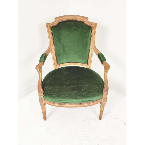 412 - FAUTEUIL, late 19th/early 20th century Louis XVI style in green velvet with a distressed show frame,... 