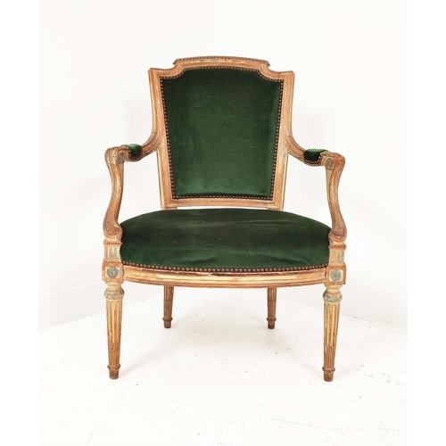 412 - FAUTEUIL, late 19th/early 20th century Louis XVI style in green velvet with a distressed show frame,... 