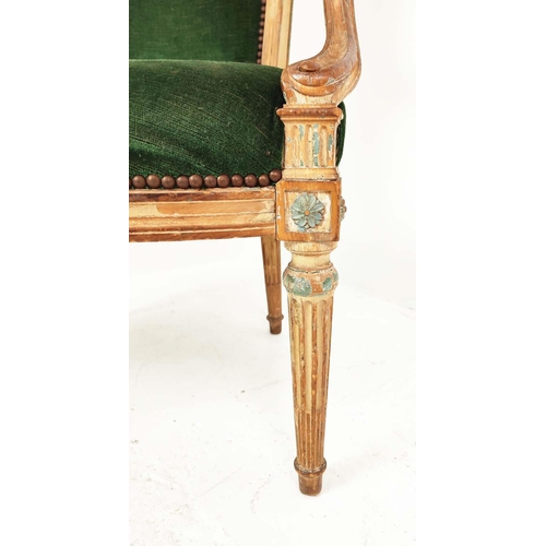 412 - FAUTEUIL, late 19th/early 20th century Louis XVI style in green velvet with a distressed show frame,... 