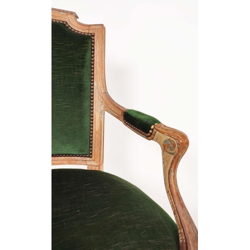 412 - FAUTEUIL, late 19th/early 20th century Louis XVI style in green velvet with a distressed show frame,... 