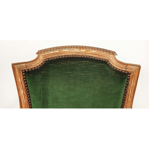 412 - FAUTEUIL, late 19th/early 20th century Louis XVI style in green velvet with a distressed show frame,... 