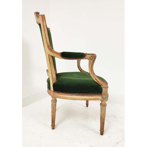 412 - FAUTEUIL, late 19th/early 20th century Louis XVI style in green velvet with a distressed show frame,... 