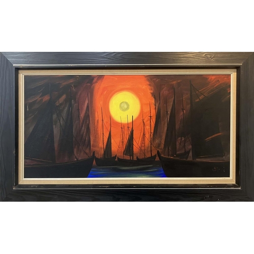 44 - MID 20TH CENTURY ITALIAN, Sunrise over a Harbour, oil on canvas, 39cm x 80cm, signed with monogram, ... 