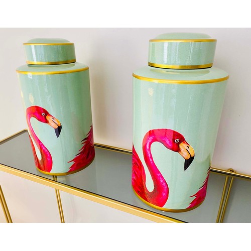 341 - GINGER JARS, a pair, turquoise ceramic decorated with flamingos, 40cm H x 20cm x 20cm. (2)