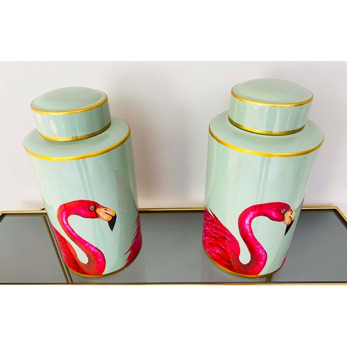 341 - GINGER JARS, a pair, turquoise ceramic decorated with flamingos, 40cm H x 20cm x 20cm. (2)