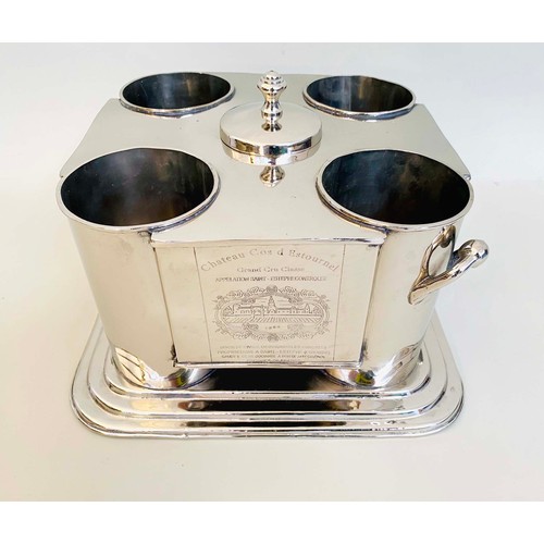 344 - WINE COOLER, polished metal to hold four bottles, 32cm x 31cm x 20cm H.