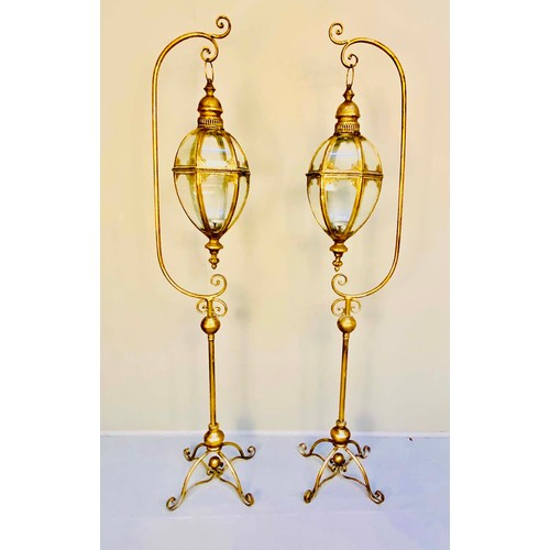 350 - LANTERNS ON STANDS, a pair, regency style, gilt metal, 163cm H x 35cm x 33cm. (2)