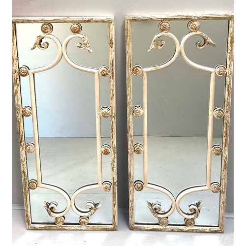 351 - ARCHITECTURAL WALL MIRRORS, a pair, Italian style with distressed metal frames, 112cm H x 48cm W (2)