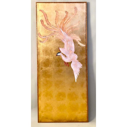 357 - WALL PANEL, Oriental style gilt with bird of paradise decoration, 140cm H x 52cm.