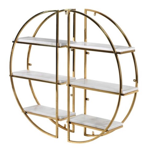 362 - WALL MOUNTING SHELVES, a set of two, gilt metal and marble, each 90cm H x 50cm x 20cm. (2)