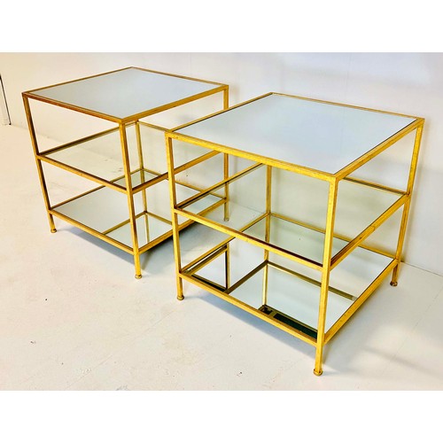 363 - SIDE TABLES, a pair, gilt metal frames with three glass shelves, 56cm H x 51cm x 51cm. (2)