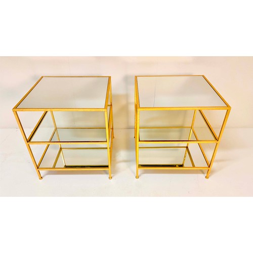 363 - SIDE TABLES, a pair, gilt metal frames with three glass shelves, 56cm H x 51cm x 51cm. (2)