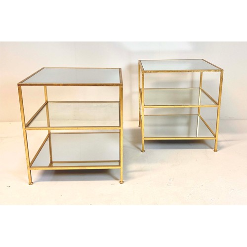 363 - SIDE TABLES, a pair, gilt metal frames with three glass shelves, 56cm H x 51cm x 51cm. (2)