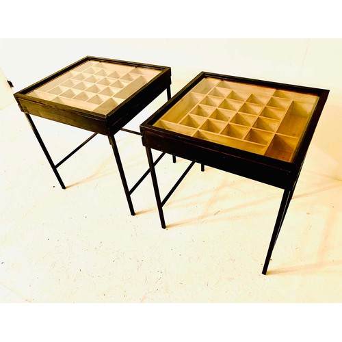 364 - SPECIMEN SIDE TABLES, a pair, wooden tray tops with glass on stretchered supports, 62cm H x 51cm x 5... 