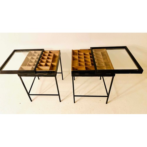 364 - SPECIMEN SIDE TABLES, a pair, wooden tray tops with glass on stretchered supports, 62cm H x 51cm x 5... 