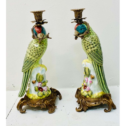 368 - CANDLESTICKS, a pair, ceramic parrot form, gilt mounts, 35cm H x 15cm x 15cm. (2)