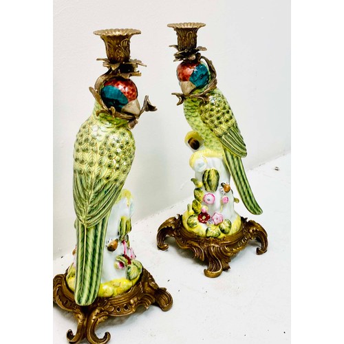 368 - CANDLESTICKS, a pair, ceramic parrot form, gilt mounts, 35cm H x 15cm x 15cm. (2)