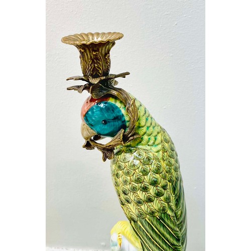 368 - CANDLESTICKS, a pair, ceramic parrot form, gilt mounts, 35cm H x 15cm x 15cm. (2)