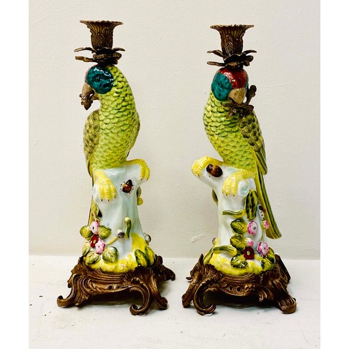 368 - CANDLESTICKS, a pair, ceramic parrot form, gilt mounts, 35cm H x 15cm x 15cm. (2)