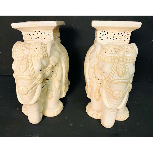 370 - GARDEN STOOLS, a pair, white ceramic Indian elephants, 44cm H x 49cm L x 22cm W (2)