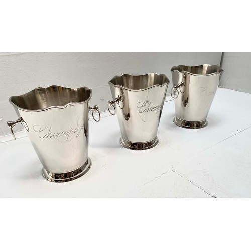 371 - CHAMPAGNE BUCKETS, a set of three, polished metal, 23cm H x 22cm x 19cm. (3)