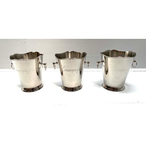 371 - CHAMPAGNE BUCKETS, a set of three, polished metal, 23cm H x 22cm x 19cm. (3)