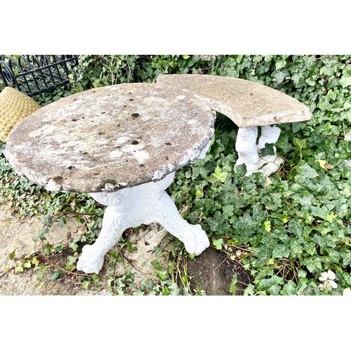 374 - GARDEN TABLE AND BENCH, composite stone, table 68cm H x 70cm W, bench 47cm H x 103cm W (2)