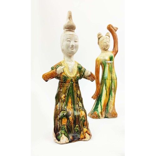 24 - CHINESE SANCAI FIGURES, three, with various funerary earthenware. (11) (Qty) 58cm High