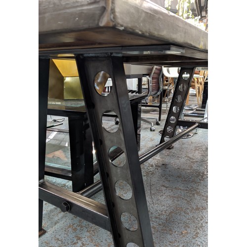 336 - INDUSTRIAL STYLE TABLE, 70cm D x 80cm H x 200cm L, faux metallic top on cast metal supports.