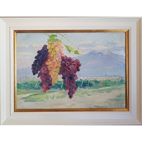 42 - COLOURFUL ARMENIAN PAINTING, 'Vineyard near Mount Ararat' 1960s, oil on board/canvas, 35cm x 50cm (f... 