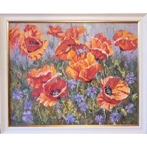 43 - MIKHAIL ZHAROV (Ukrainian), 'Poppies and Cornflowers' 2013, oil on canvas, 79cm x 99cm (framed).