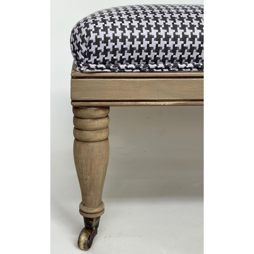 225 - HEARTH STOOL, traditional rectangular dog-tooth woven with walnut frame and turned supports, 107cm W... 