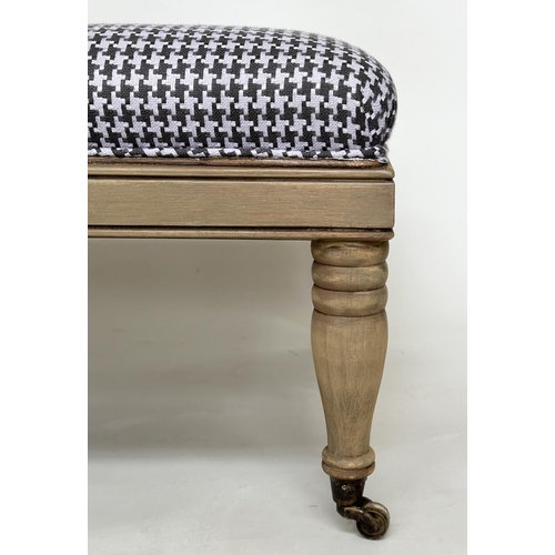 225 - HEARTH STOOL, traditional rectangular dog-tooth woven with walnut frame and turned supports, 107cm W... 