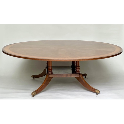 228 - DINING TABLE, circular Regency style radially veneered mahogany and satinwood crossbanded with outsw... 