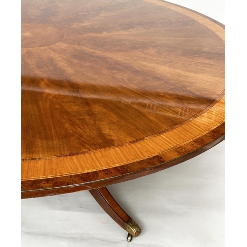 228 - DINING TABLE, circular Regency style radially veneered mahogany and satinwood crossbanded with outsw... 