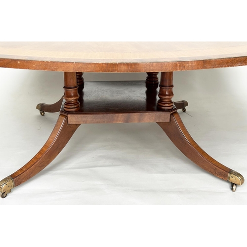 228 - DINING TABLE, circular Regency style radially veneered mahogany and satinwood crossbanded with outsw... 