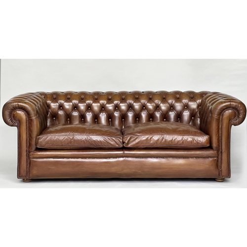 229 - CHESTERFIELD SOFA, traditional soft antique tan brown natural  leather with deep buttoned rounded ar... 