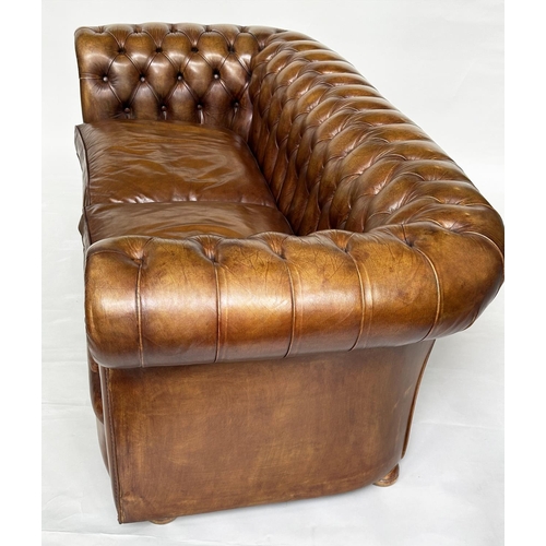 229 - CHESTERFIELD SOFA, traditional soft antique tan brown natural  leather with deep buttoned rounded ar... 