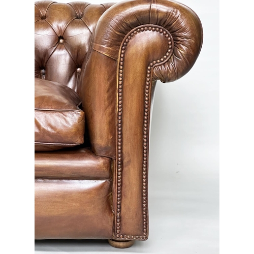 229 - CHESTERFIELD SOFA, traditional soft antique tan brown natural  leather with deep buttoned rounded ar... 