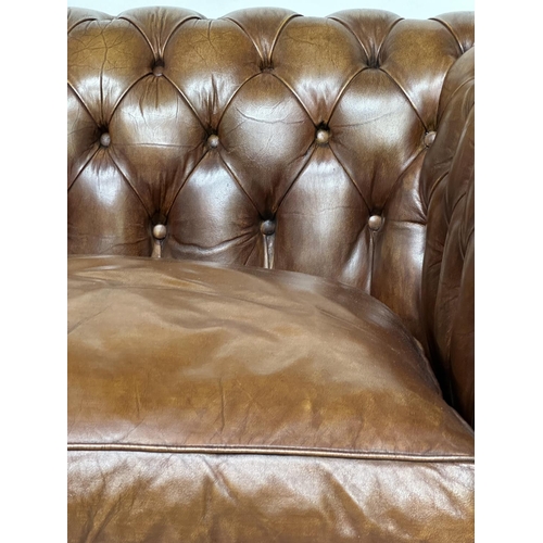 229 - CHESTERFIELD SOFA, traditional soft antique tan brown natural  leather with deep buttoned rounded ar... 