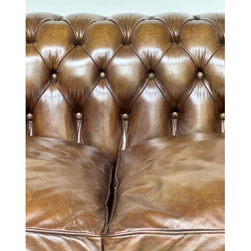 229 - CHESTERFIELD SOFA, traditional soft antique tan brown natural  leather with deep buttoned rounded ar... 