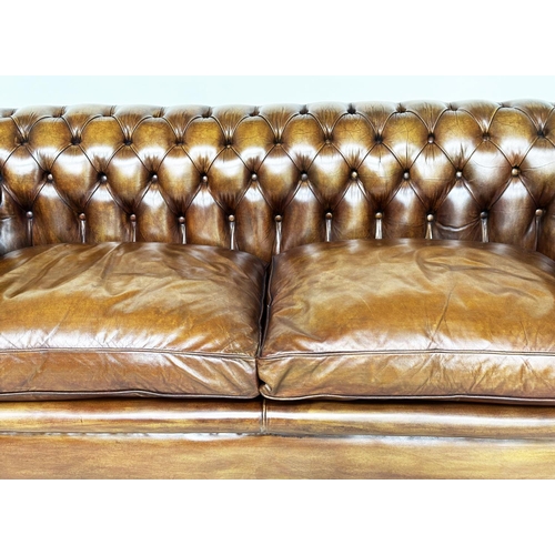 229 - CHESTERFIELD SOFA, traditional soft antique tan brown natural  leather with deep buttoned rounded ar... 