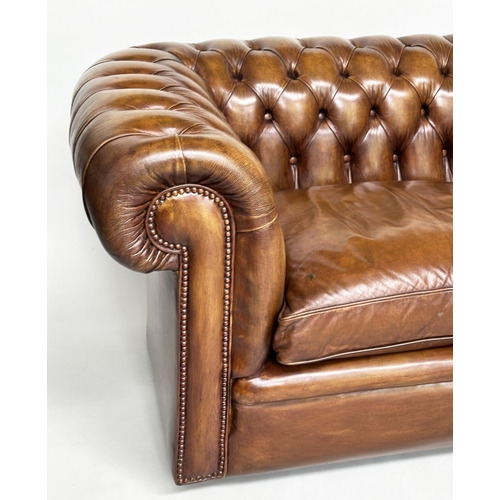 229 - CHESTERFIELD SOFA, traditional soft antique tan brown natural  leather with deep buttoned rounded ar... 