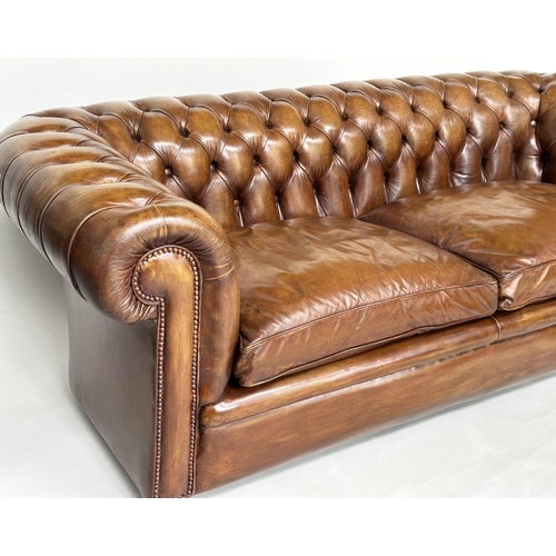 229 - CHESTERFIELD SOFA, traditional soft antique tan brown natural  leather with deep buttoned rounded ar... 