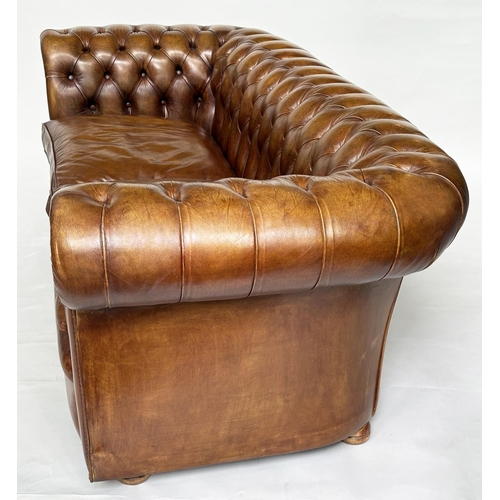 229 - CHESTERFIELD SOFA, traditional soft antique tan brown natural  leather with deep buttoned rounded ar... 