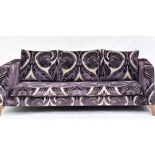 312 - HEALS SOFA, contemporary design cut velvet with square section arms and tapering support, 210cm W.