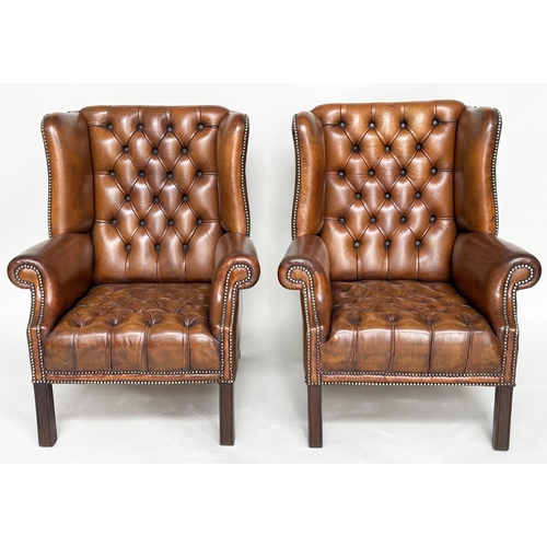 222 - WINGBACK ARMCHAIRS, a pair, George III design natural antique tan brown brass studded leather uphols... 