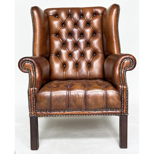 222 - WINGBACK ARMCHAIRS, a pair, George III design natural antique tan brown brass studded leather uphols... 