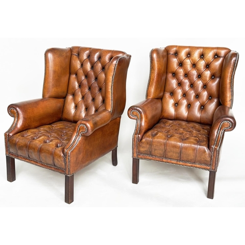 222 - WINGBACK ARMCHAIRS, a pair, George III design natural antique tan brown brass studded leather uphols... 